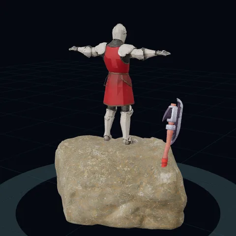 A knight on a rock, with his axe half way in the rock, front