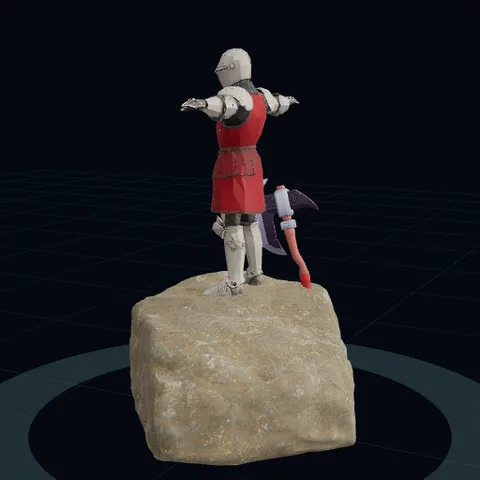 A knight on a rock, with his axe half way in the rock, side
